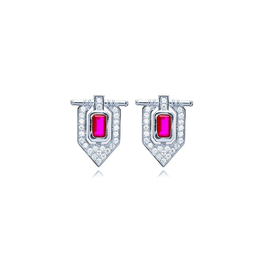 PRICE DROP‼️925 Sterling Silver Ruby CZ Geometric Stud Earrings – Made in Turkey